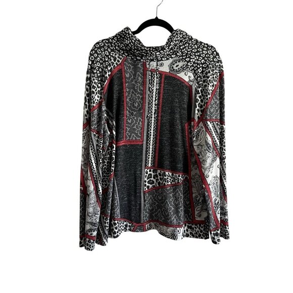 Weekends by Chicos Women Sz 2 L Black/Gray/Red Drawstring Cowl Neck L/Sleeve Top - Picture 1 of 10